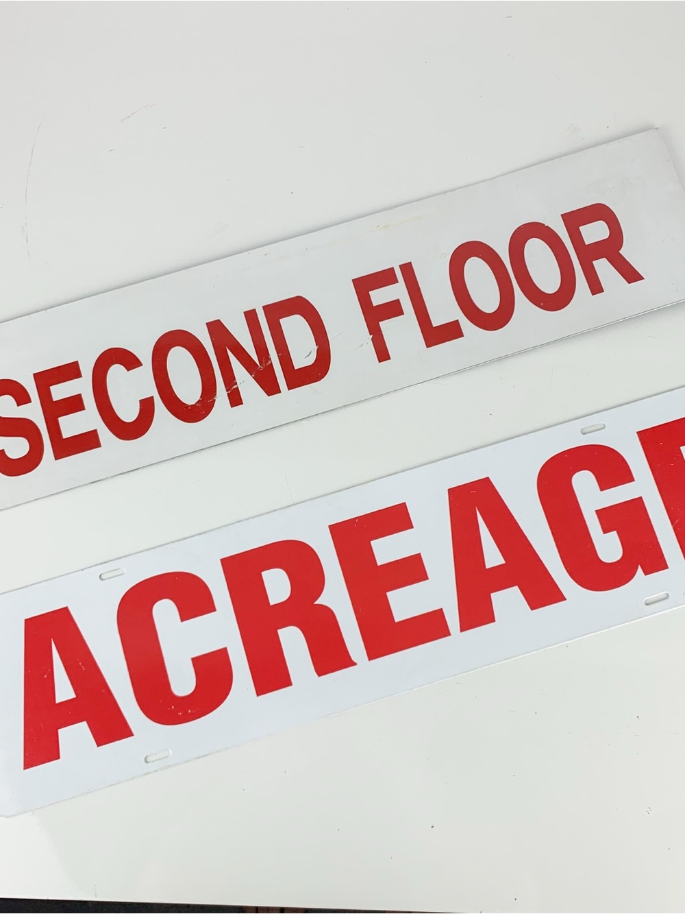 Vintage Pair Acreage Second Floor Red White Metal Property Realtor Signs Hanging